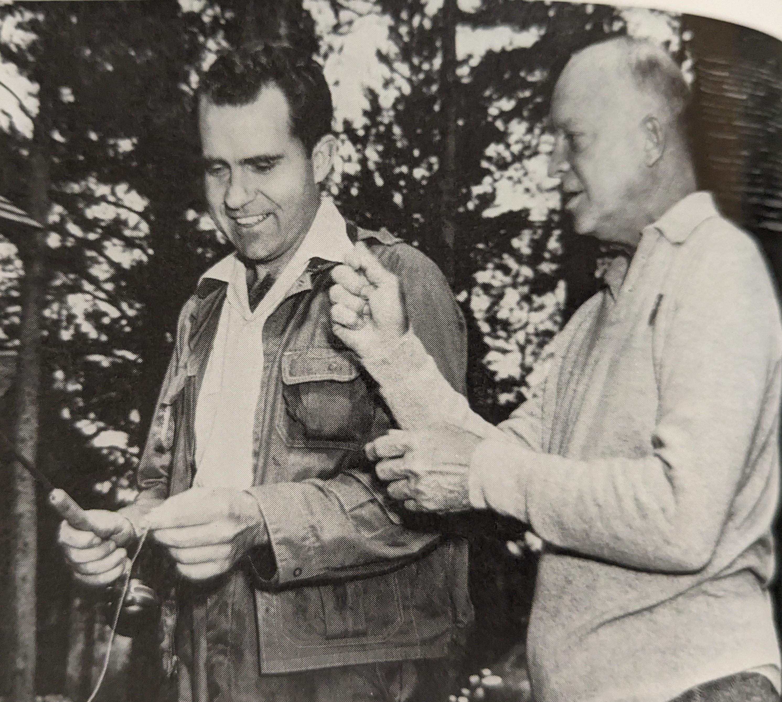 Dwight Eisenhower teaching Nixon how to fly fish in one of their first meetings